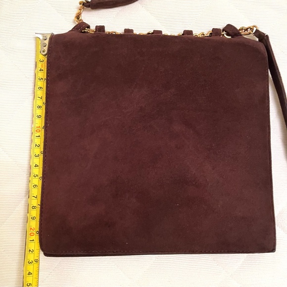 Cocoa Brown color real suede leather shoulder bag clutch purse gold metal accent - Picture 5 of 7